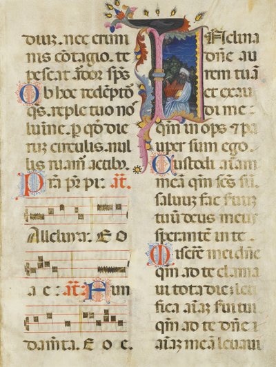 Manuscriptblad met koning David in een initiaal I, uit een psalter, vroege 15e eeuw door Unbekannt
