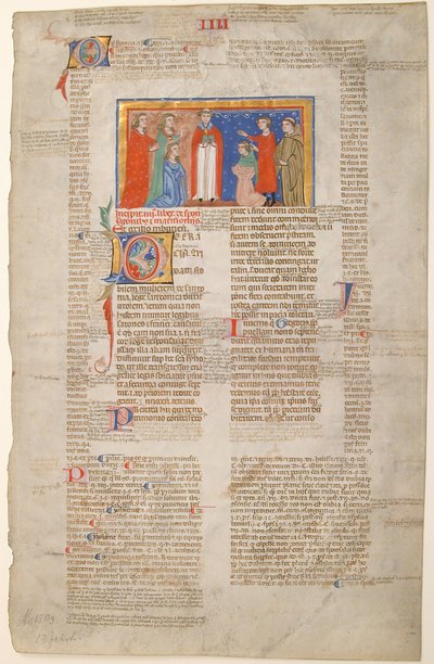 Manuscriptblad met huwelijkscène, uit Decretalen van Gregorius IX, Italiaans door Unbekannt