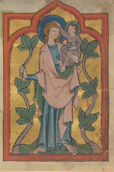 Manuscriptblad met Sint Christoffel die Christus draagt, Duits of Zwitsers, begin 14e eeuw door Unbekannt