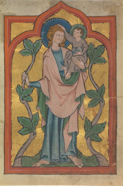 Manuscriptblad met Sint Christoffel die Christus draagt, begin 14e eeuw door Unbekannt
