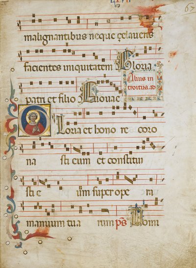 Manuscriptblad met een vrouwelijke heilige mogelijk Dorothy in een Initiaal G, uit een Graduale, ca. 1330-40 door Unbekannt