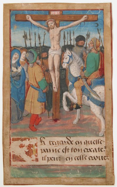 Manuscriptblad met de Kruisiging, uit een Getijdenboek, Frans, 15e eeuw door Unbekannt