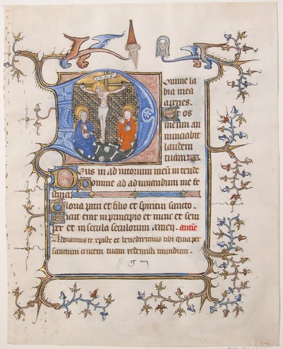 Manuscriptblad met de Kruisiging in een initiaal D, uit een getijdenboek, ca. 1350 door Unbekannt
