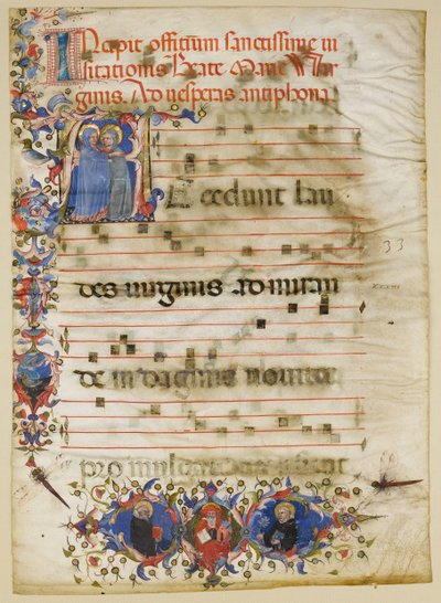 Manuscriptblad met de Visitatie in een Initiaal A en Kardinaal Adam Easton, Italiaans, ca. 1400 door Unbekannt