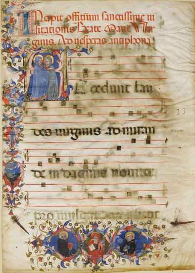 Manuscriptblad met de Visitatie in een Initiaal A en Kardinaal Adam Easton..., ca. 1400 door Unbekannt