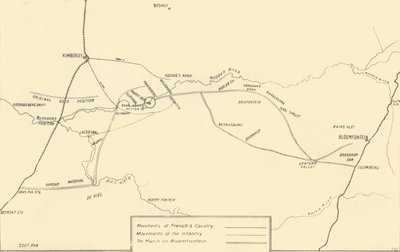 Kaart die de bewegingen illustreert voor de verlichting van Kimberley en de verovering van Bloemfontein, 1901 door Unbekannt