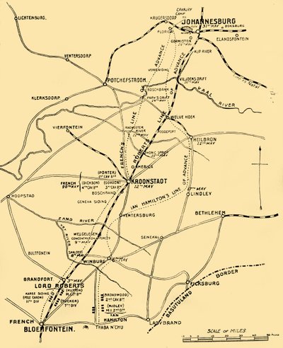 Kaart die de Aanvalslijnen van Bloemfontein naar Pretoria toont, 1901 door Unbekannt