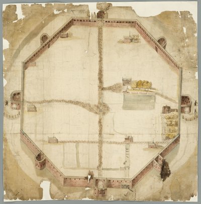 Kaart uit 1530 met de geplande maar nooit uitgevoerde muren van Den Haag, Nederland door Unbekannt