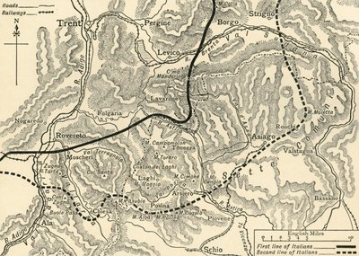Kaart die de Oostenrijkse aanval in Trentino illustreert, mei 1916, ca. 1920 door Unbekannt