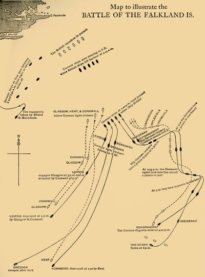 Kaart die de Slag bij de Falklandeilanden op 8 december 1914 illustreert, c1920 door Unbekannt