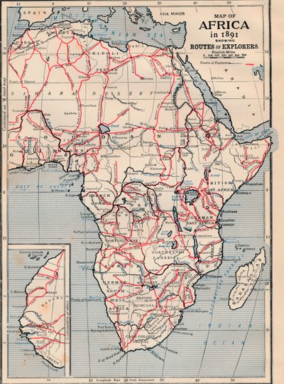 Kaart van Afrika in 1891 met routes van ontdekkingsreizigers door Unbekannt