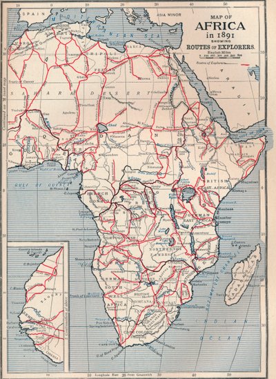 Kaart van Afrika in 1891 met routes van ontdekkingsreizigers door Unbekannt