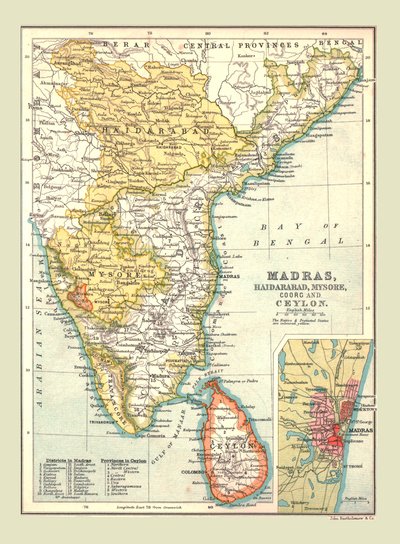 Kaart van Madras, Hyderabad, Mysore, Coorg en Ceylon, 1902 door Unbekannt