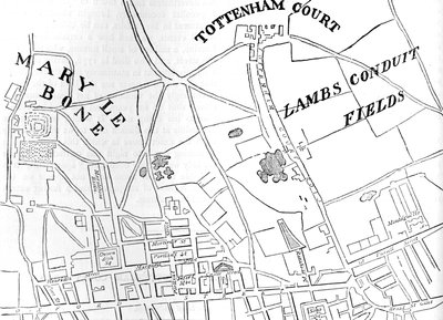 Kaart van Rathbone Place en omgeving, Westminster, Londen, 1746 door Unbekannt
