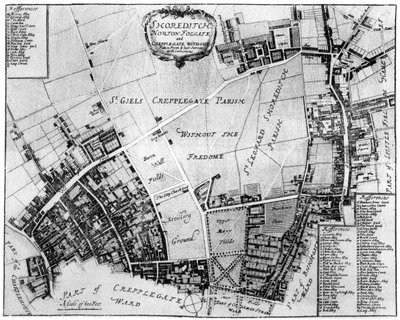 Kaart van Shoreditch, Norton Folgate en Cripplegate door Unbekannt