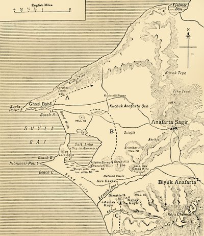 Kaart van Suvla Bay, Gallipoli-schiereiland, Eerste Wereldoorlog, 1915, ca. 1920 door Unbekannt