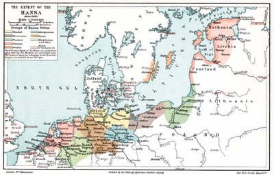 Kaart van de omvang van de Hanze rond 1400 door Unbekannt