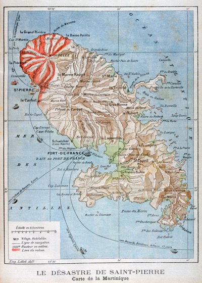 Kaart met de uitbarsting van de Mont Pelée, Martinique, 1902 door Unbekannt
