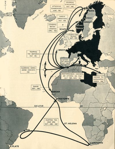 Kaart met de bewegingen van HMS Ark Royal, 1939-1941, 1942 door Unbekannt