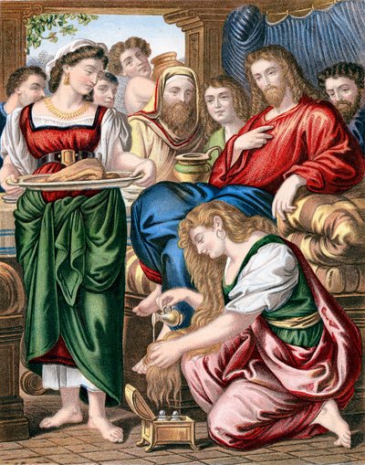 Maria Magdalena zalft de voeten van Jezus, ca. 1860 door Unbekannt