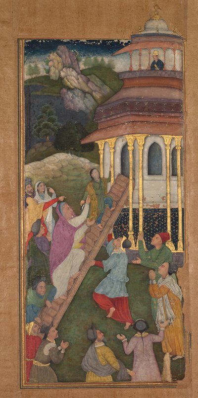 Maria beklimt de trappen naar de tempel, uit een Mirat al-quds Spiegel van Heiligheid..., 1602-1604 door Unbekannt