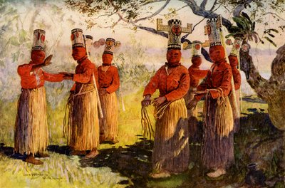 Gemaskerde dansers van Opaina, rivier Apaporis, Brazilië door Unbekannt