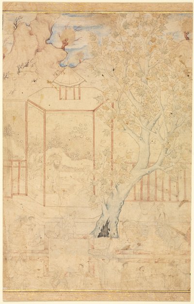Meester en discipel in een tuinpaviljoen, enkele pagina illustratie, ca. 1570-1590s door Unbekannt