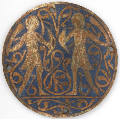 Medallion met twee jonge krijgers met falchions en bucklers, Frans, ca. 1240-60 door Unbekannt