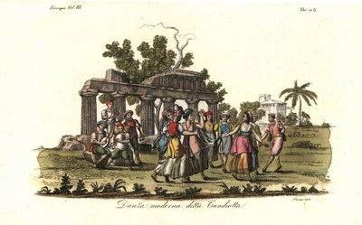 Mannen en vrouwen dansen de moderne Candiota of Candiotta dans, populair op het eiland Kreta in de 18e eeuw door Unbekannt