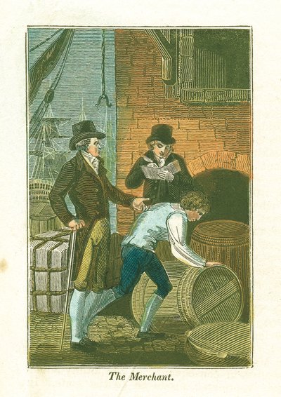 Koopman en zijn klerk aan de kade die goederen controleren in een magazijn, 1823 door Unbekannt