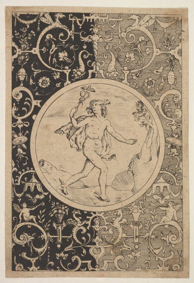 Mercurius in een decoratief kader met grotesken, ca. 1600-1630 door Unbekannt