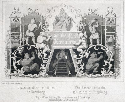 Zoutmijn: de afdaling in de zoutmijnen van Durrnberg, Oostenrijk, rond 1850 door Unbekannt