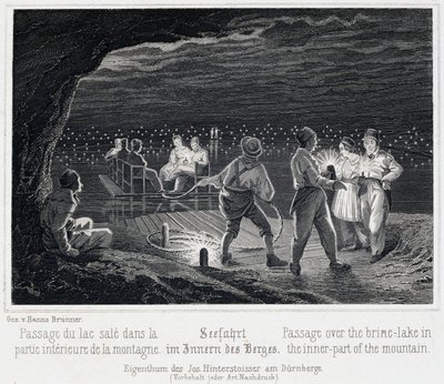 Zoutmijn: de oversteek van het zoute meer, binnen de berg, rond 1850, in Durrnberg, Oostenrijk door Unbekannt