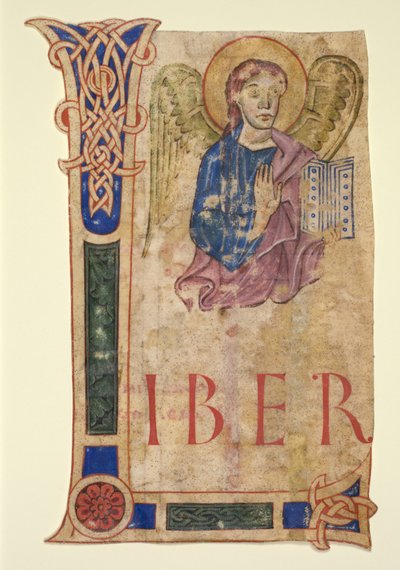 Miniatuur Uitgesneden uit een Evangelieboek: Het Symbool van St. Matteüs recto en Canon Tabellen verso door Unbekannt