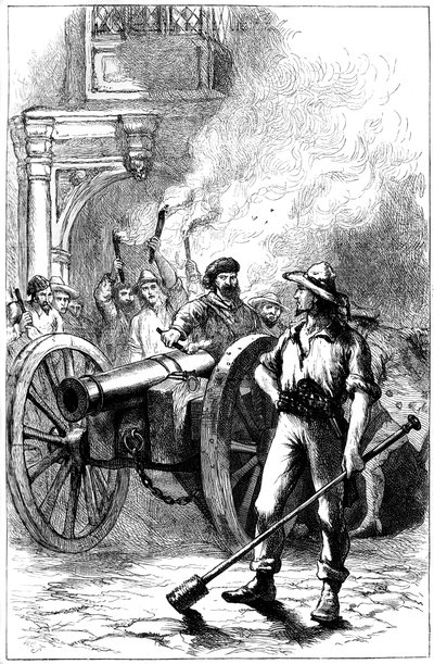 Menigte die kanon afvuurt voor het gerechtsgebouw waar Alexander McLeod gevangen zat, 1840 ca. 1880 door Unbekannt