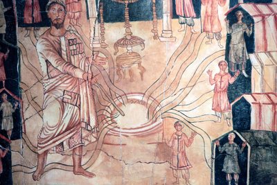 Mozes bij de put van Meriba - Schilderij van de Dura Europos Synagoge. 3e eeuw CE. Het Joods Museum New York. door Unbekannt