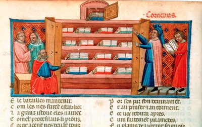 Monniken en studenten in een bibliotheek, 15e eeuw door Unbekannt