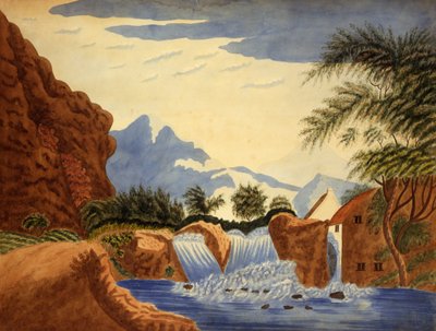 Berglandschap en waterrad, ca. 1820-1870 door Unbekannt