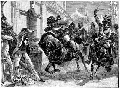 Gemonteerde rebellen Sepoys die door de straten van Delhi rijden, Indiase opstand, mei 1857, ca. 1895 door Unbekannt