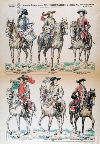Mousquetaires à Cheval 17e eeuw. Franse legeruniformen. Kleur lithografie. Privécollectie door Unbekannt