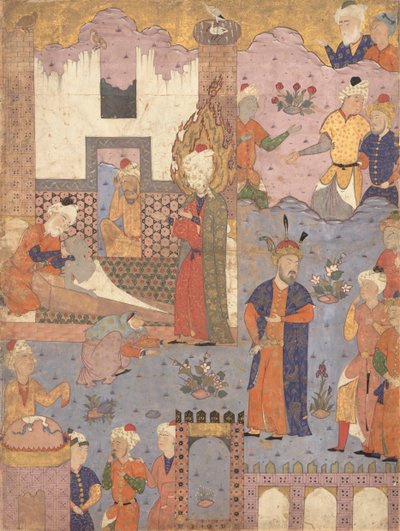 Mohammed wekt de zieke jongen tot leven, folio uit een Falnama Boek van Voorspellingen van Ja