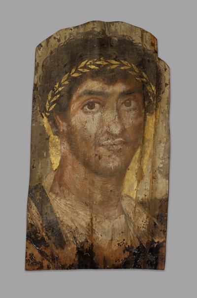 Mummieportret van een man met een lauwerkrans, Fayum, begin tot midden 2e eeuw door Unbekannt