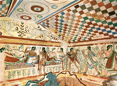 Muurschildering in het Luipaardgraf Tomba dei Leopardi in Tarquinia, Italië, 1928 door Unbekannt