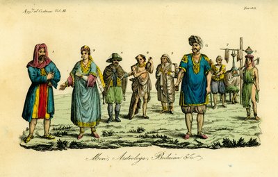 Moslimman op de Hadj naar Mekka, moslimvrouw, moslimman in reiskleding, gewone moslim, Dervish heilige, astroloog of Tagessa, muilezeldrijver, kapper of Kagiem, Bedoeïenenmeisje uit de buurt van Beja (Beggia) door Unbekannt