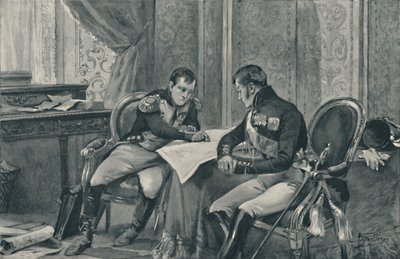 Napoleon en Alexander bij Tilsit bestuderen de kaart van Europa, 1807, 1896 door Unbekannt