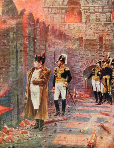 Napoleon en zijn staf kijken naar de brand van Moskou door Unbekannt