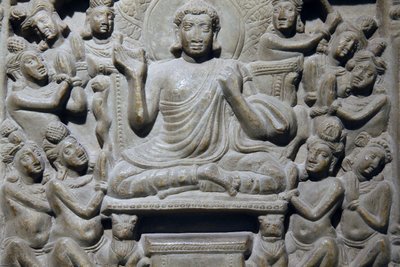 Nationaal museum van India, Delhi. Ayaga fries met scènes uit het leven van Boeddha en de Jakata