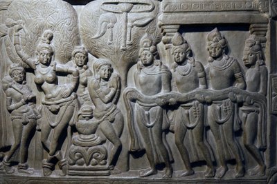 Nationaal museum van India, Delhi. Scènes uit het leven van Boeddha. Ikshvaku, 3e eeuw n.Chr. Nagarjunakonda, Andhra Pradesh. Grijsachtige kalksteen. Detail. India. door Unbekannt