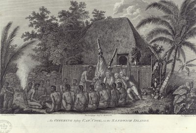 Inboorlingen van de Sandwich Eilanden, Hawaii, slachten varkens voor Kapitein Cook, ca. 1778 door Unbekannt