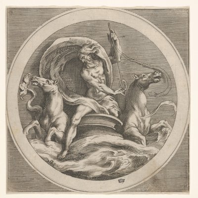 Neptunus die uit de zee oprijst en een staf draagt, vergezeld door twee paardhoofden... door Unbekannt